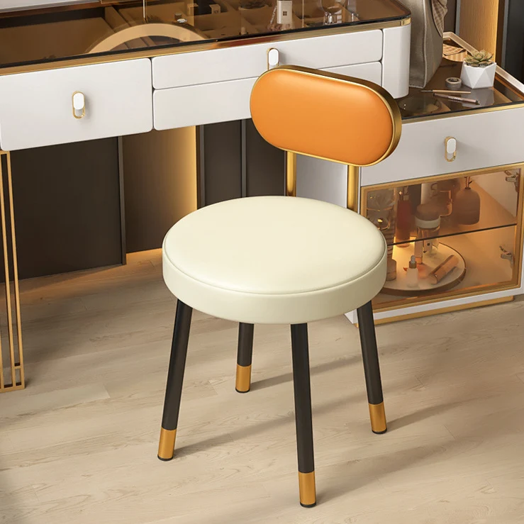 Contemporary Nordic PU Leather Iron Vanity Stool Backrest Armless For Bedroom