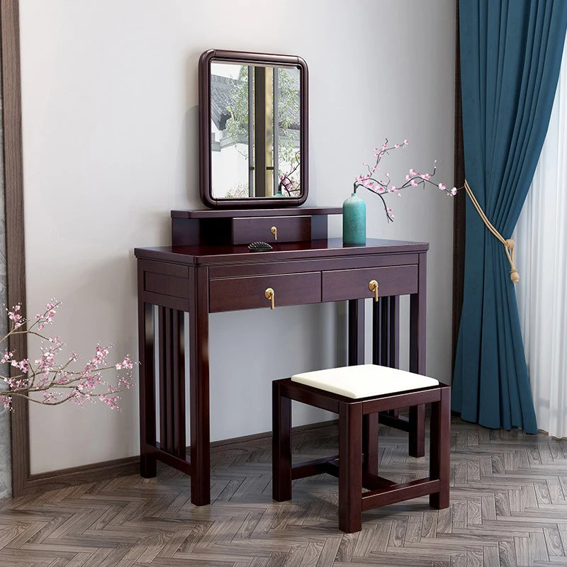 Traditional Mirrored Vanity Set Solid Wood Dressing Table with Stool in Brown