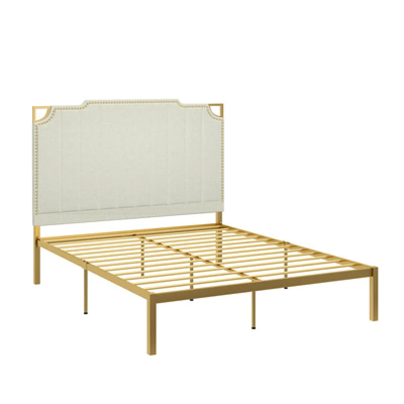 Contemporary Leather Bed Beige Upholstered Bed Frame with Nailhead Trim