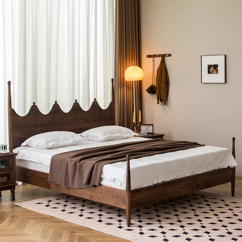 Mid-Century Modern Four Poster Bed Walnut Bed Frame with Headboard