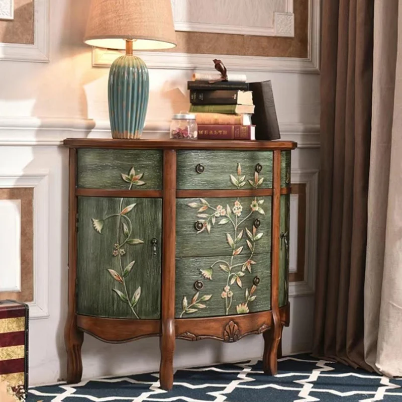 Traditional European Hand-Painted Mediterranean Rubberwood Legs MDF Half-Moon Console Table Storage Cabinet 3-Drawer For Hallway