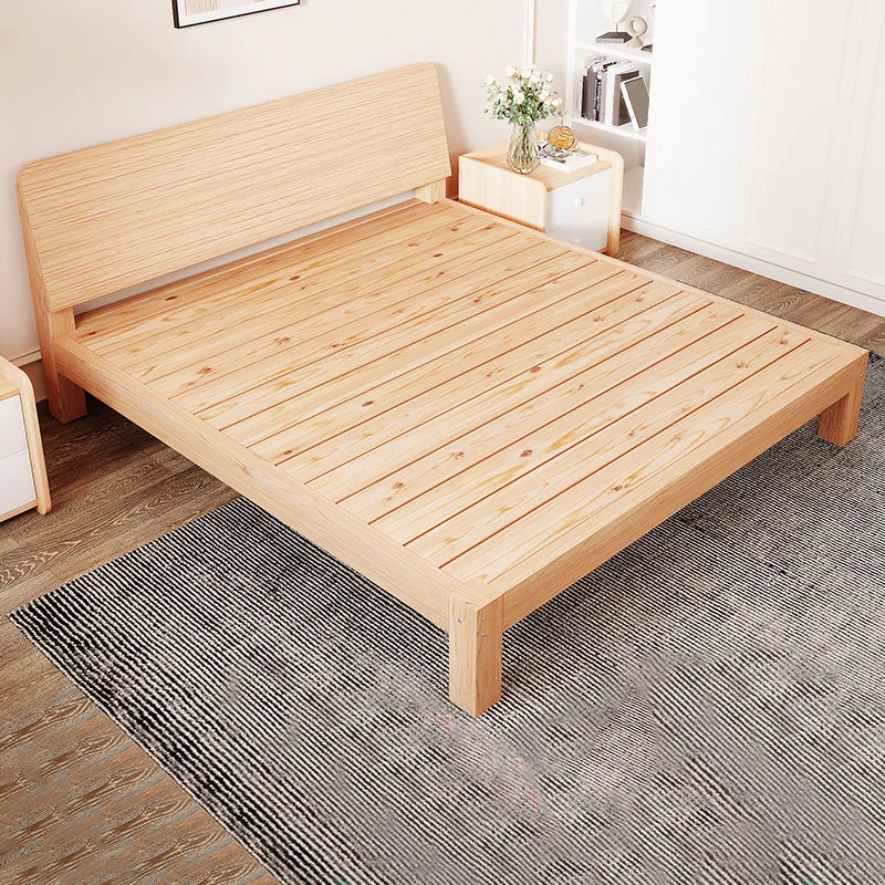 Natural Platform Bed Solid Wood Standard Bed with Rectangular Headboard