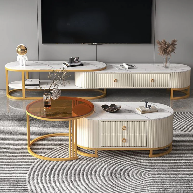 Modern Minimalist Slab Glass Wood PU Leather Metal Round Oval Coffee Table Set 2-Drawer Extendable For Living Room