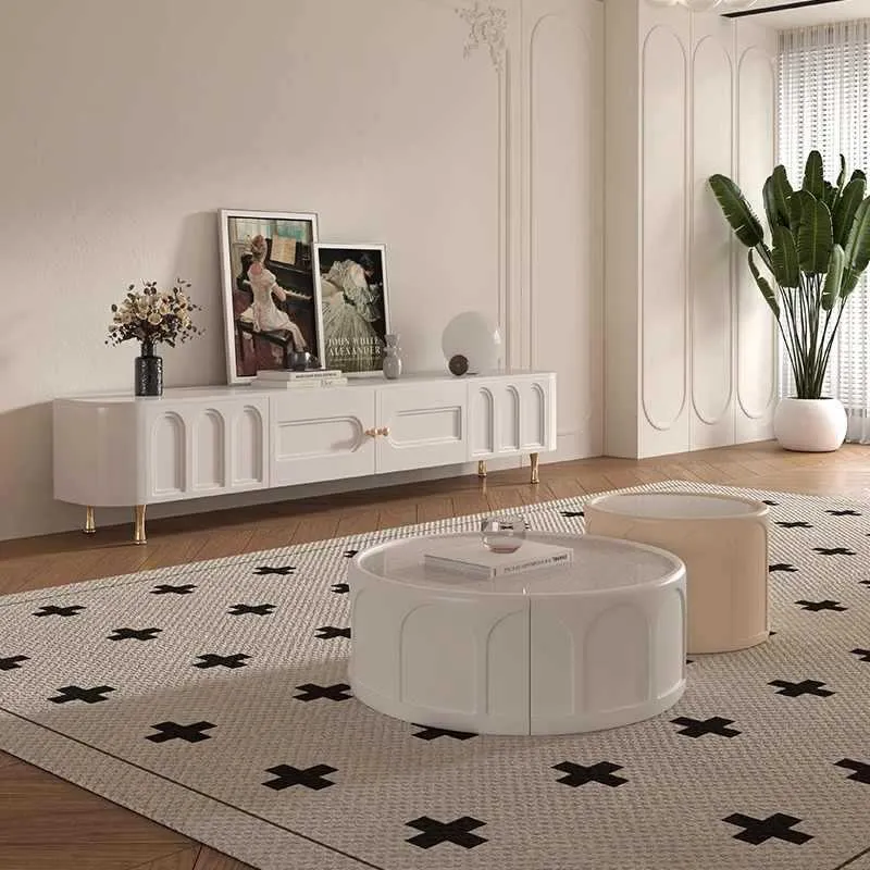 Traditional French MDF Wood Round Coffee Table 1-Drawer For Living Room