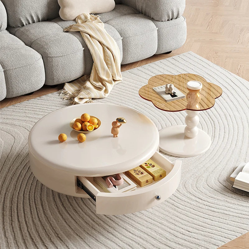 Traditional French Fiberboard Reinforced Glass Wood Metal Round Floral Coffee Table 1-Drawer Rotatable For Living Room