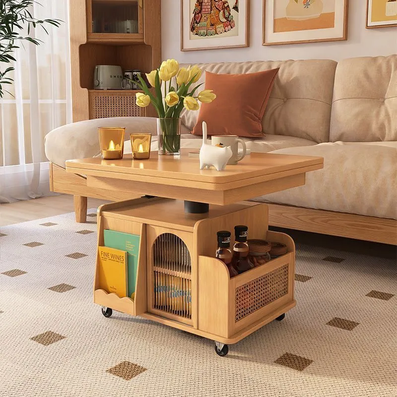 Contemporary Retro Weaving Rattan Glass Wood Metal Square Rectangular Movable Cart Liftable Coffee Table 2-Storage Shelf For Living Room