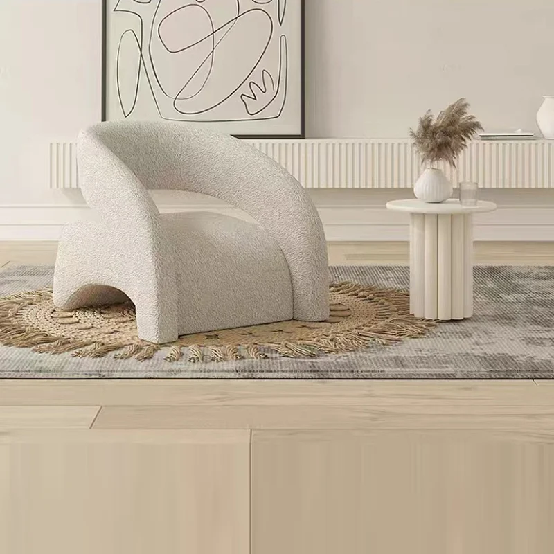 Contemporary Scandinavian Cream Curved Square Eucalyptus Wood Sherpa Fabric Velvet Accent Chair Backrest Armrest For Living Room