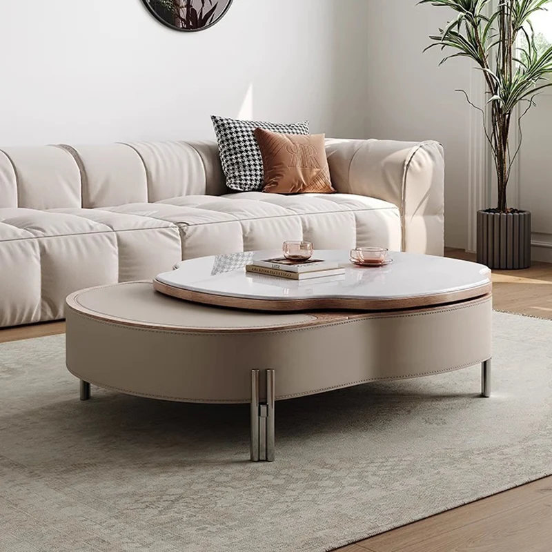 Contemporary Scandinavian Saddle-Style Faux Leather Microcrystalline Stainless Steel Irregular Cloud Coffee Table Extendable 1-Storage Drawer For Living Room