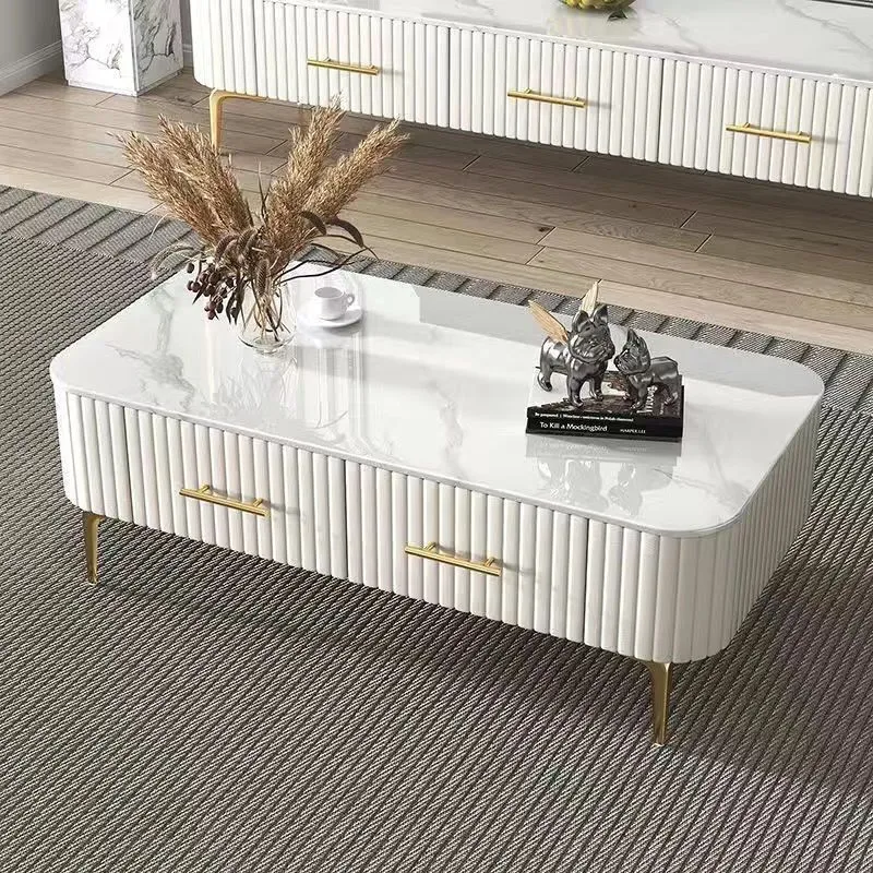 Contemporary Scandinavian Slab PU Leather Stainless Steel Rectangular Striped Coffee Table 2-Drawer For Living Room