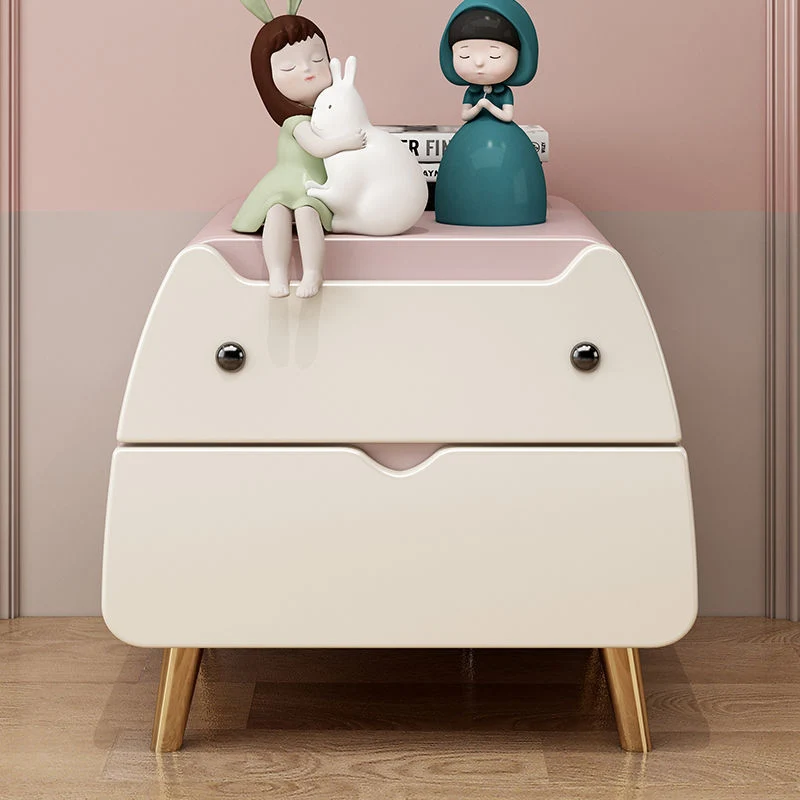 Contemporary Creative Kids Cartoon Cat Solid Wood Carbon Steel Microfiber Leather Nightstand 2-Drawer For Bedroom