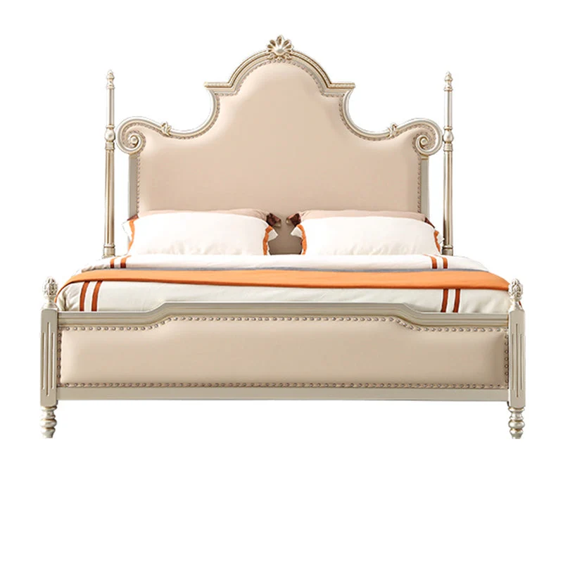 Solid Wood Upholstered Bed Frame Victorian Beige Standard Bed with Nailhead Trim