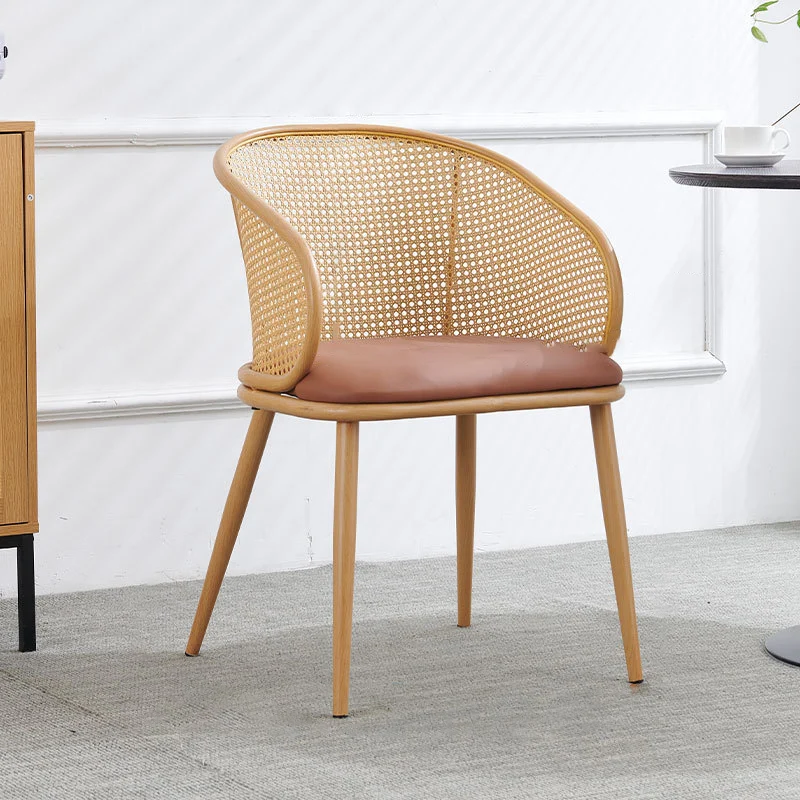 Modern Minimalist Half Bag U Shape Curved Faux Leather Bamboo Rattan Wood Dining Chair Backrest Armrest For Dining Room