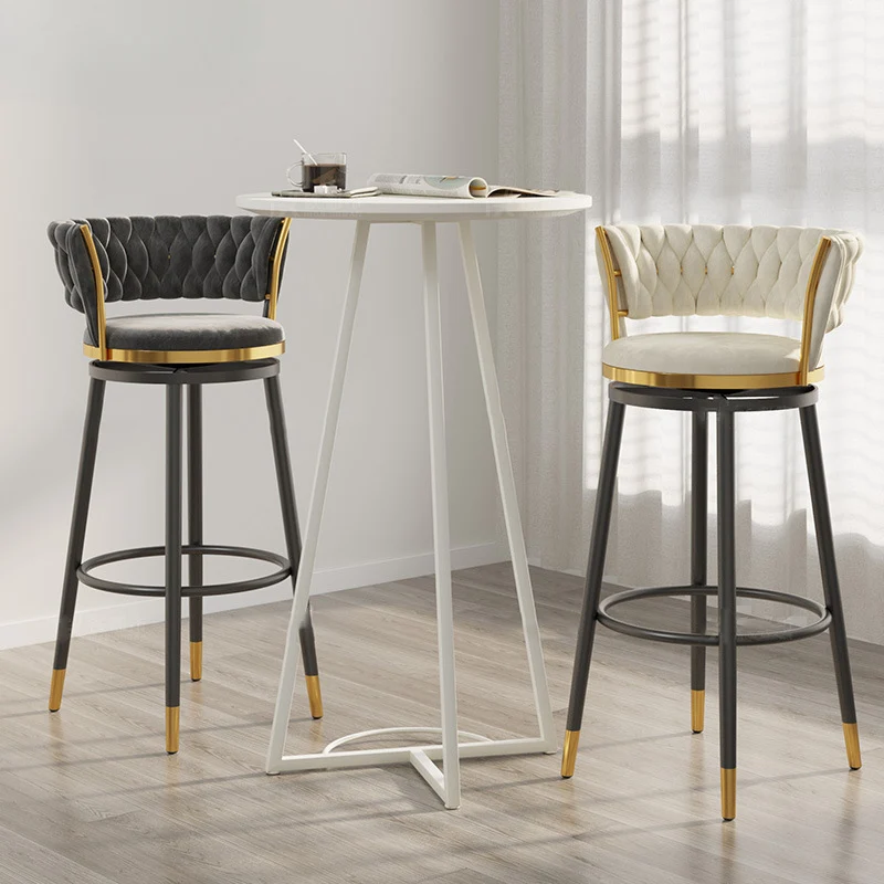 Contemporary Scandinavian Velvet Iron Sponge Round Bar Stool Backrest Footrest Swivel For Kitchen