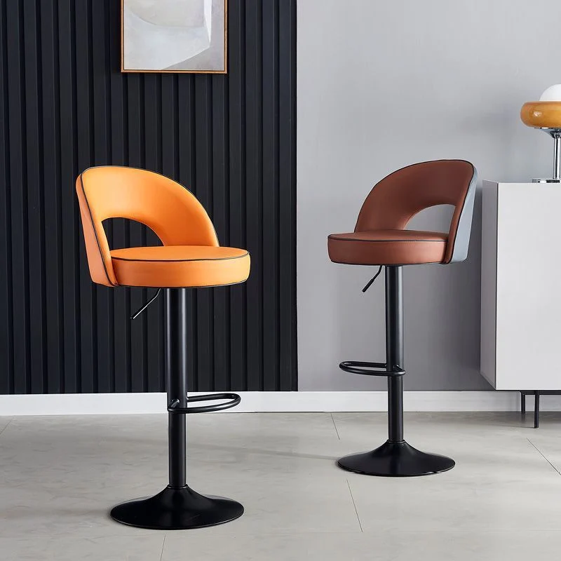 Modern Simplicity Faux Leather Iron Sponge Round Liftable Bar Stool Backrest Footrest Swivel For Kitchen