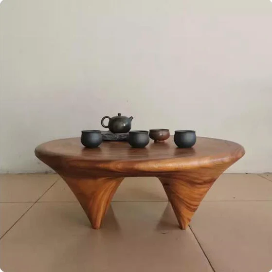 Traditional Japanese Round Square Walnut Coffee Table 1-Tier For Living Room