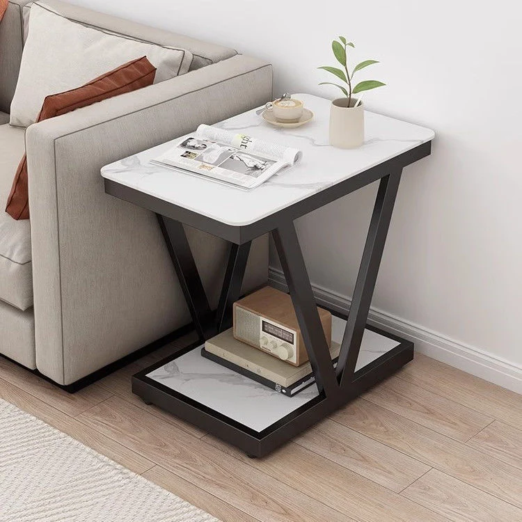 Contemporary Nordic Rectangular Rock Slab Carbon Steel Coffee Table 2- Tier For Living Room