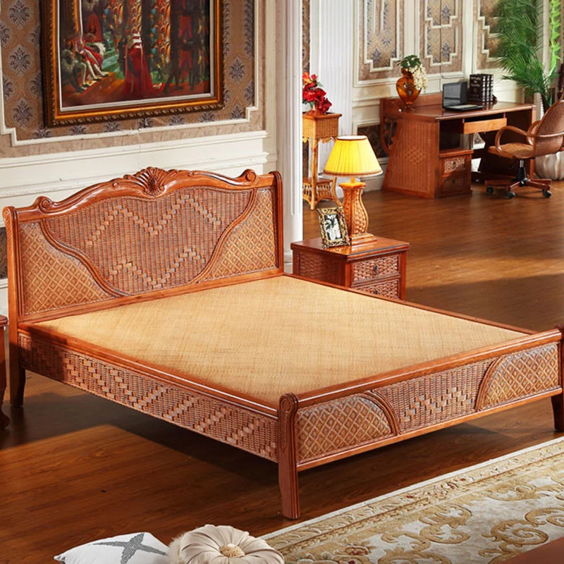 Mid Century Beveled Standard Bed Wicker & Rattan Bed Frame in Natural