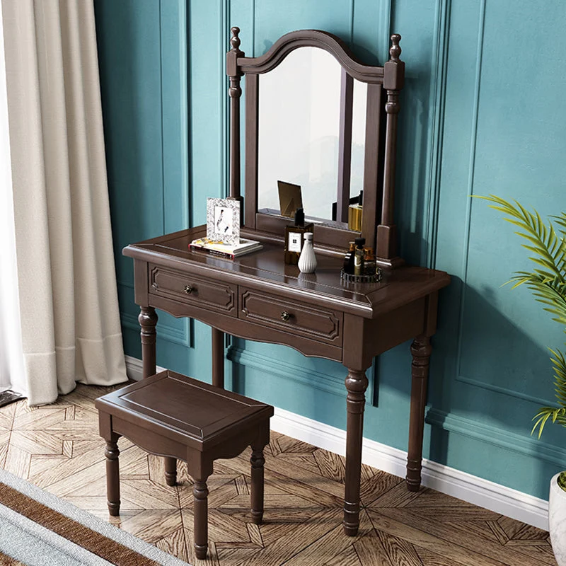 Victorian Solid Wood Vanity Makeup Dressing Table Stool Set with 2 Drawers