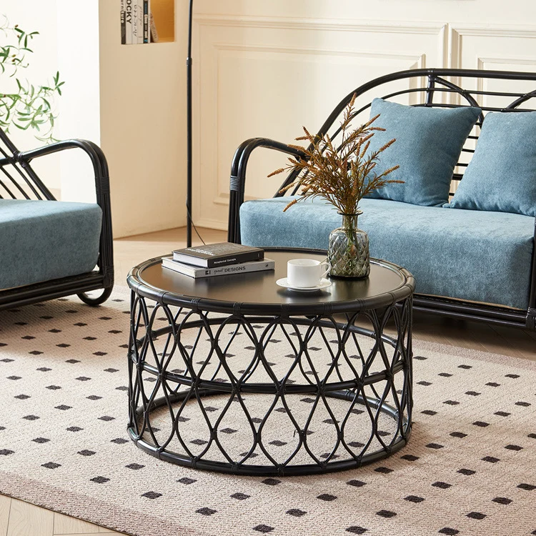 Contemporary Scandinavian Weaving Cylinder Rattan Plywood Coffee Table 1 - Tier For Living Room