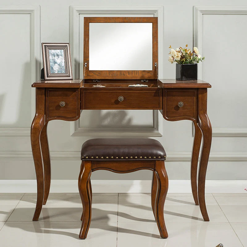 Traditional Standing Espresso Solid Wood 3 Drawer Mirror Bedroom Dressing Table