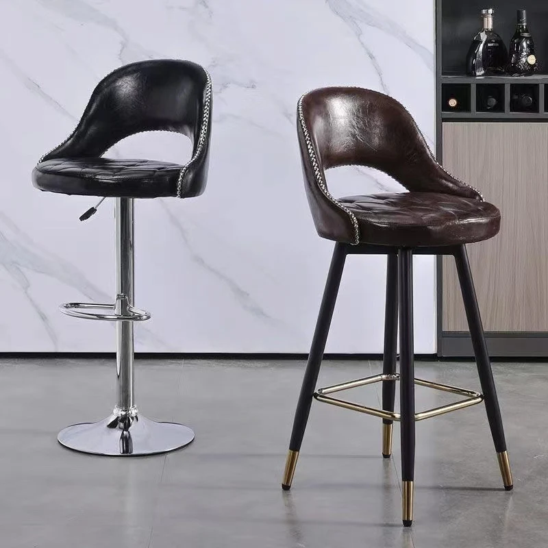 Contemporary Retro Faux Leather Iron Sponge Round Bar Stool Backrest Footrest Swivel For Kitchen