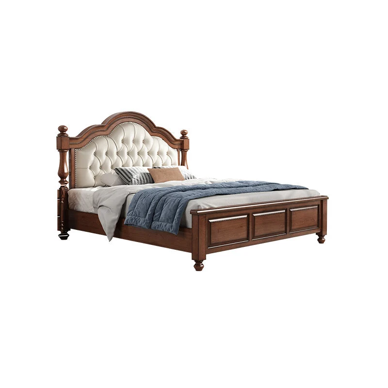 Mid-Century Modern Standard Bed Solid Wood Panel Bed with Upholstered Headboard