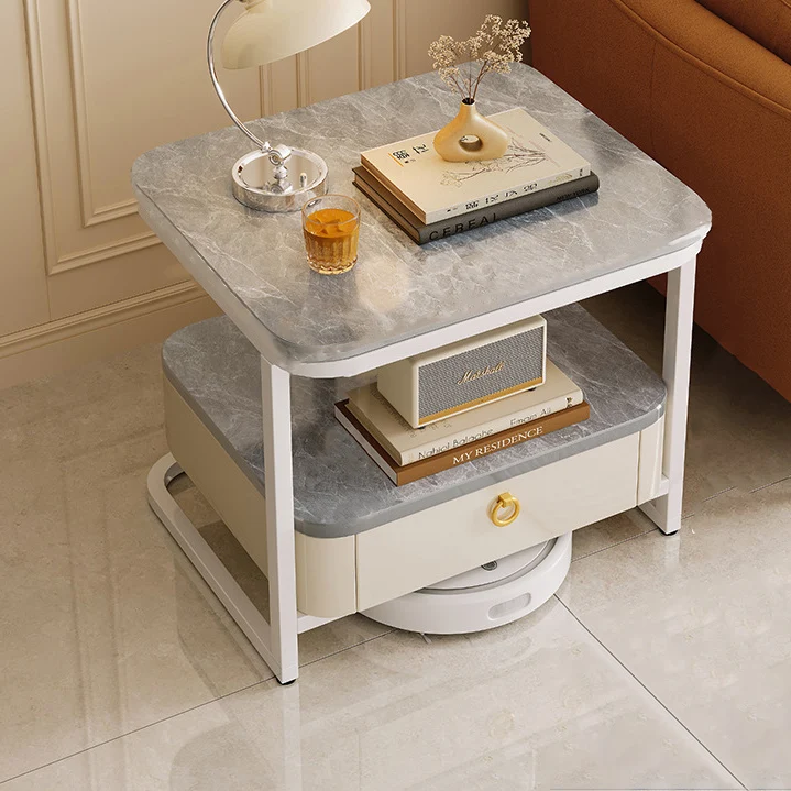 Modern Luxury Square Rock Slab Carbon Steel Coffee Table 1-Drawer For Living Room