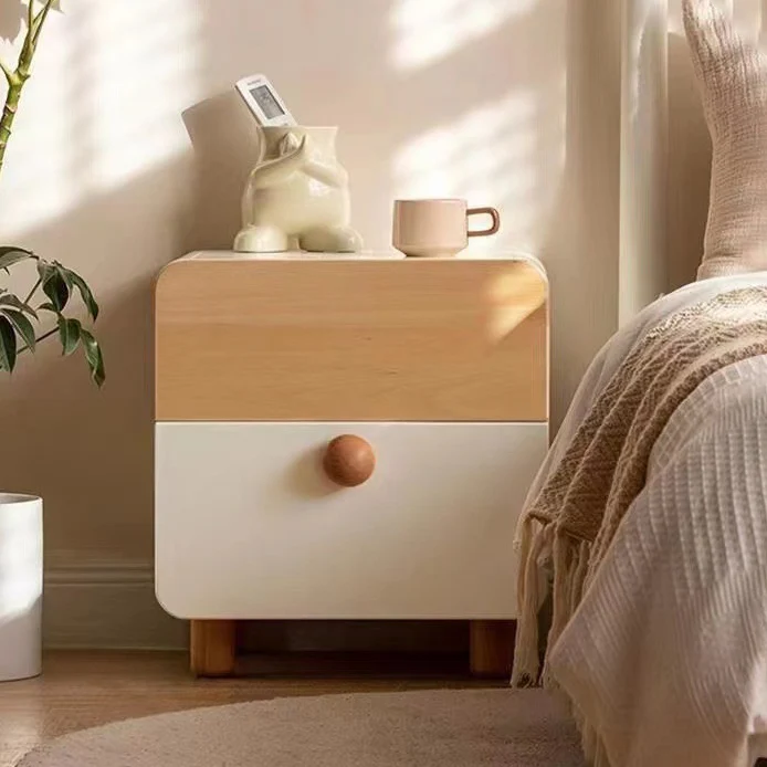 Modern Minimalist Rectangular Round Pine Wood Nightstand 2 - Drawer For Bedroom