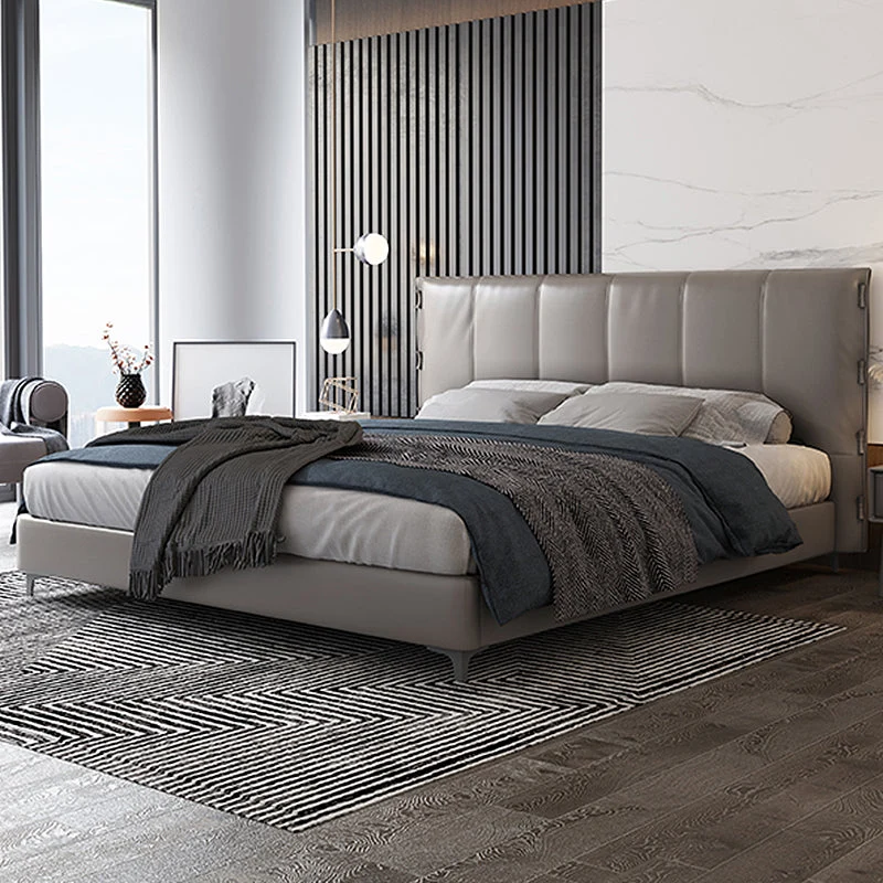 Wooden Modern Grey Bed Frame with Headboard, Genuine Leather Panel Bed