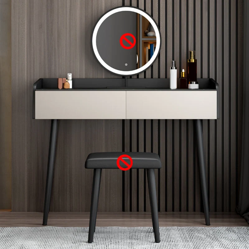 Black Stone Top Vanity Desk Contemporary 2 Drawers Dressing Table with Stool