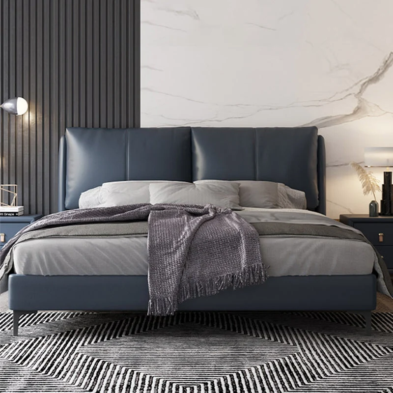 Modern Genuine Leather Panel Bed Pine Wood Rectangular Upholstered Bed