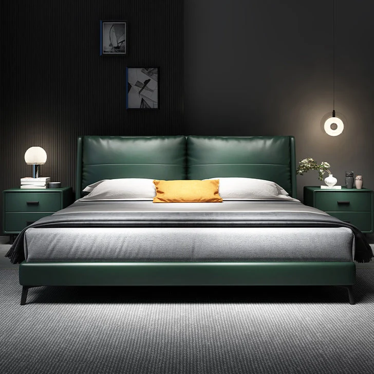 Scandinavian Wooden Panel Bed Green Genuine Leather Standard Bed