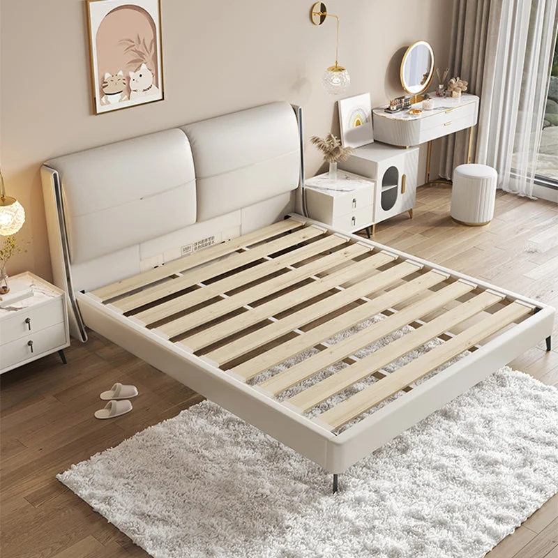 Modern Wood Panel Bed Beige Genuine Leather Standard Bed with Upholstered Headboard