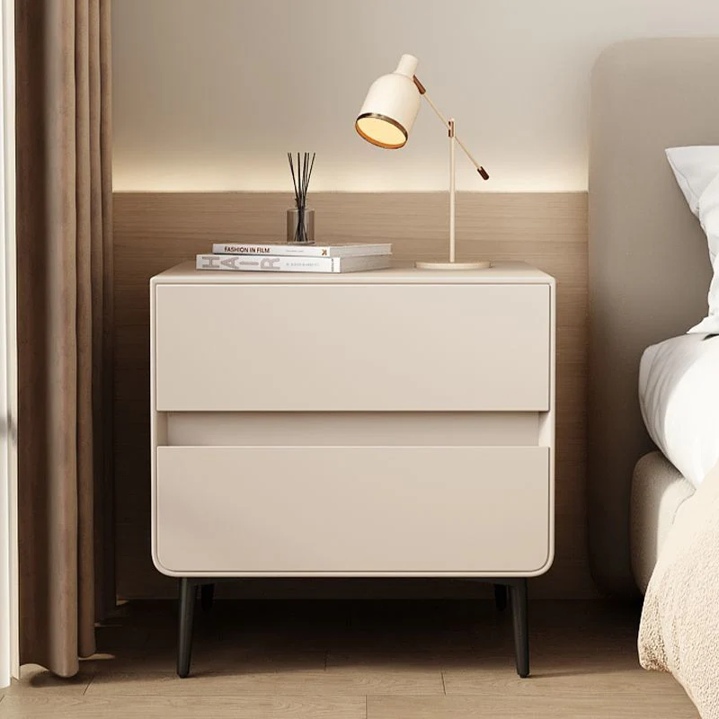 Modern Luxury Faux Leather Pine Wood Metal Cylindrical Square Nightstand With 2 Drawers For Bedroom