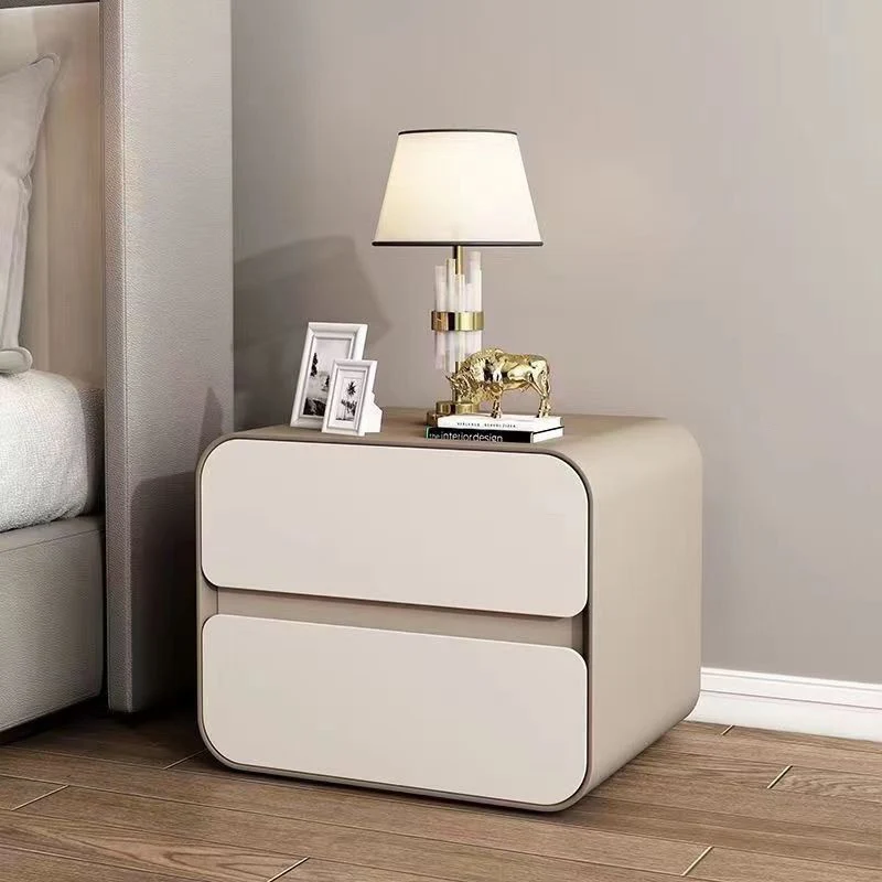 Modern Minimalist Microfiber Leather Solid Wood Curved Square Nightstand With 2 Drawers For Bedroom