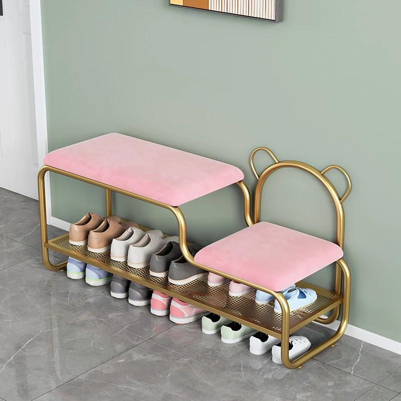 Contemporary Creative Velvet Iron Bear-Shaped Curved Rectangular Shoe Bench With Backrest For Entryway & Living Room