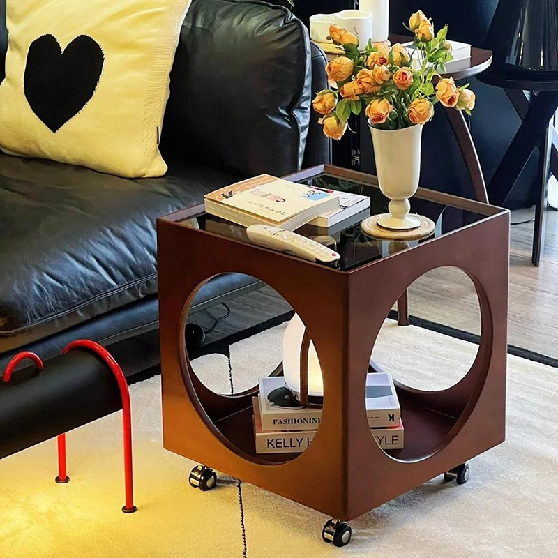 Traditional Vintage Hollowed-Out Square Plywood Glass Rattan Weaving Movable Coffee Table 2-Tier For Living Room