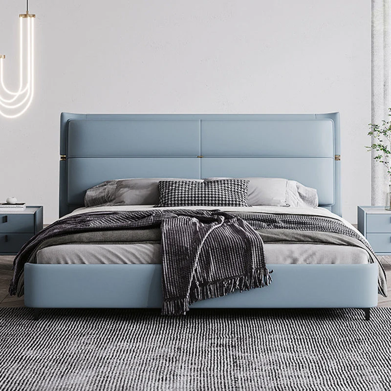 Leather Upholstered Rectangular Panel Bed Standard Bed Frame in Blue