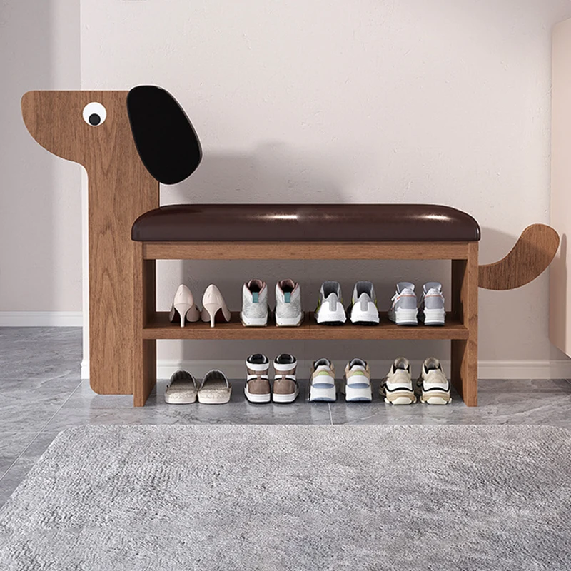 Contemporary Creative Faux Oil Wax Leather Bamboo Dog-Shaped Rectangular Shoe Bench 1/2-Tier For Living Room