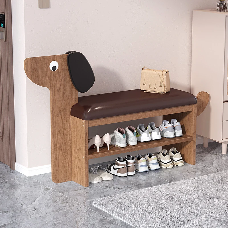 Contemporary Creative Faux Oil Wax Leather Bamboo Dog-Shaped Rectangular Shoe Bench 1/2-Tier For Living Room