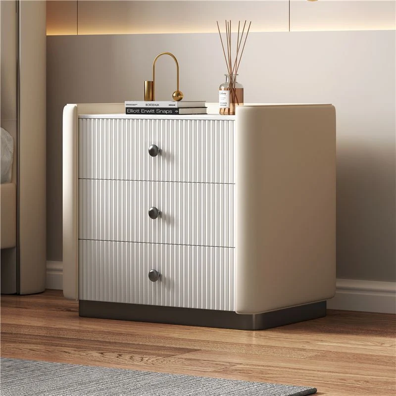 Modern Luxury Rectangular Desktop Faux Leather Particle Board Slab Nightstand 3-Drawer For Bedroom