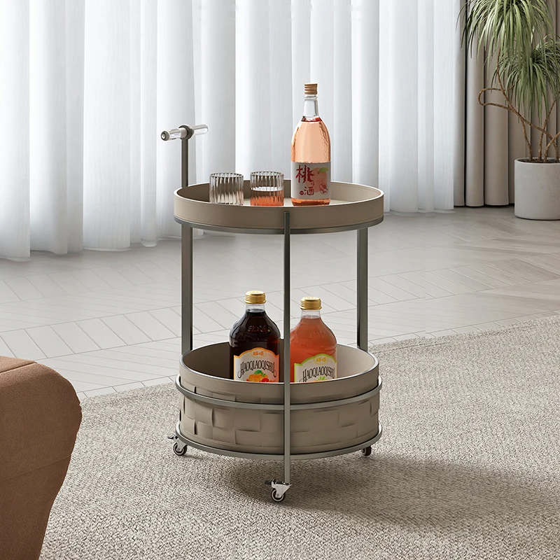 Rolling Round Saddle-Style Faux Leather Acrylic Side Table - Vintage Dual-Layer Storage Trolley With Stainless Steel Frame For Living Room