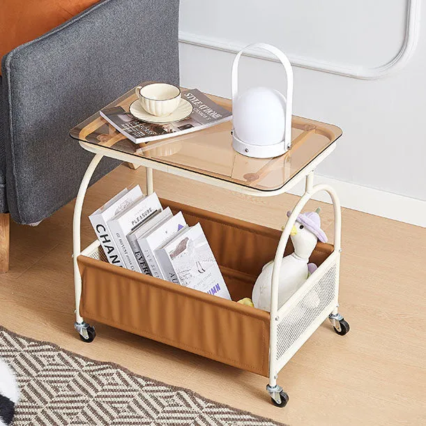 Modern Minimalist Tempered Glass Metal PU Leather Rounded Rectangle Side Table With 2-Tier For Living Room
