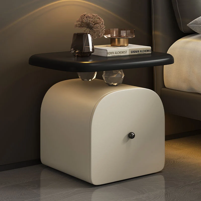 Traditional French Wood Faux Cat-Scratch-Leather Acrylic Curved Square Nightstand 1-Drawer For Bedroom