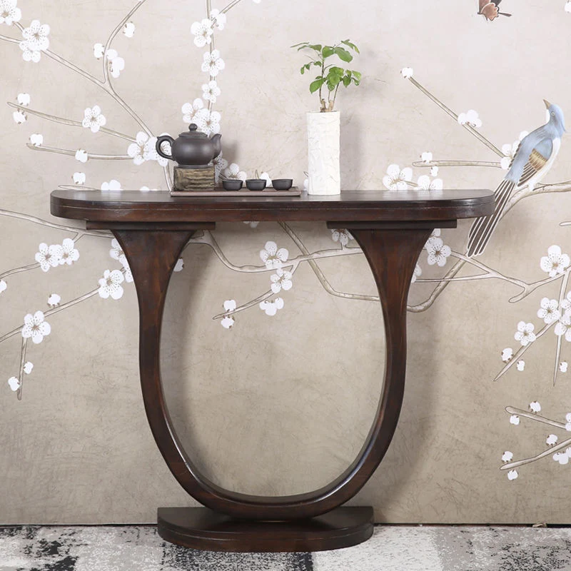 Traditional Chinese Pinewood Semi-Oval Console Side Table 1-Tier For Living Room