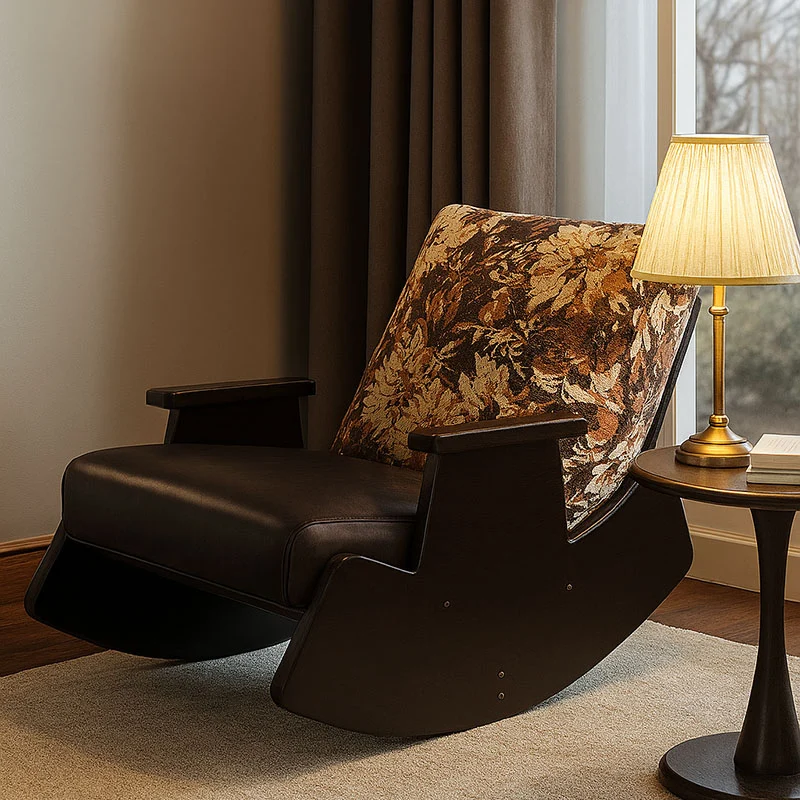 Traditional Vintage Detachable Rectangular Faux Oil-Wax Leather Flannelette Plywood Iron Sponge Cotton Rocking Chair Backrest Armrest For Living Room
