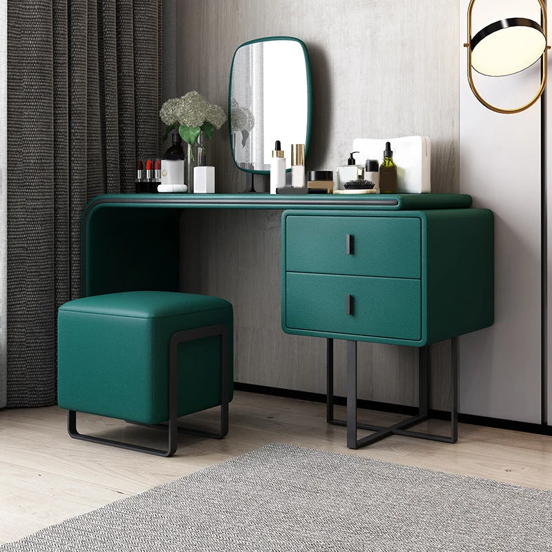 Faux Leather Vanity Makeup Dressing Table Set with Stool & Mirror - 39.37" W