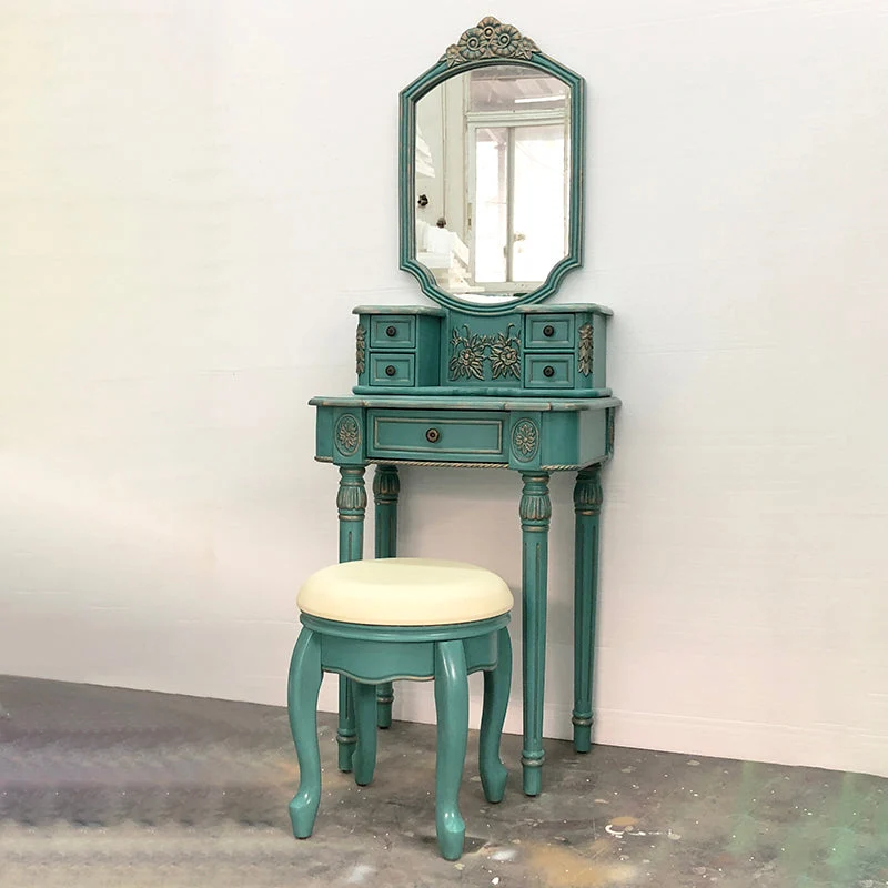 Oak Vanity Set with Stool 64.17" High Vanity with Drawer and Mirror