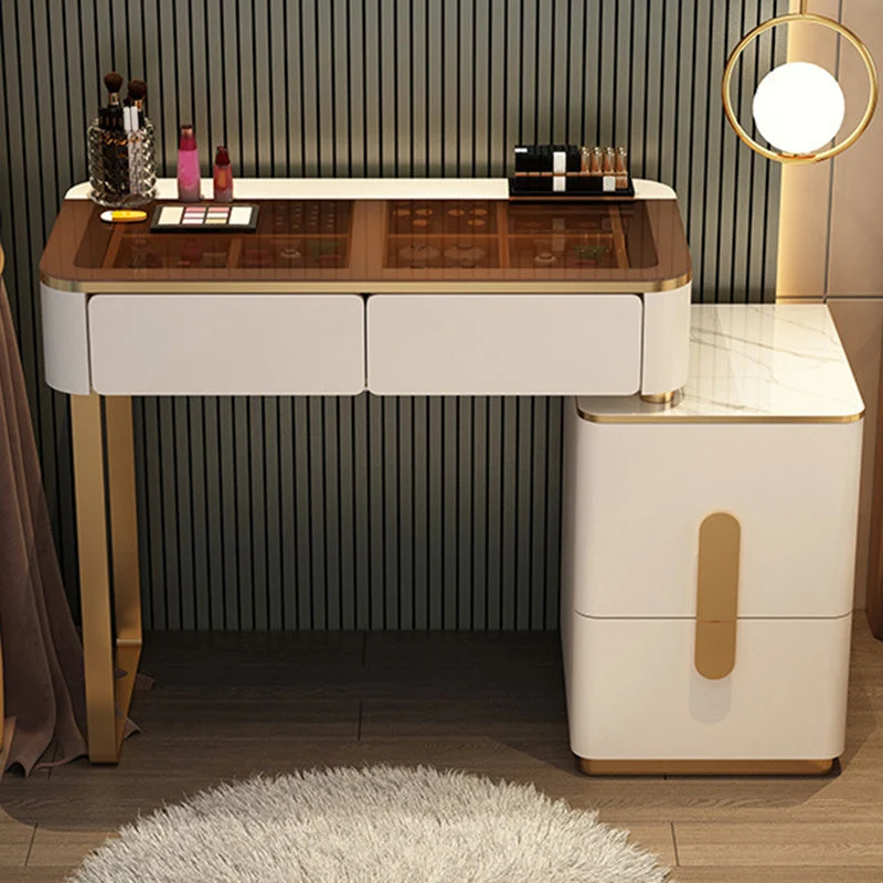 Glass Makeup Counter Bright White Vanity Tables with Storage Drawers, 15.74" Wide