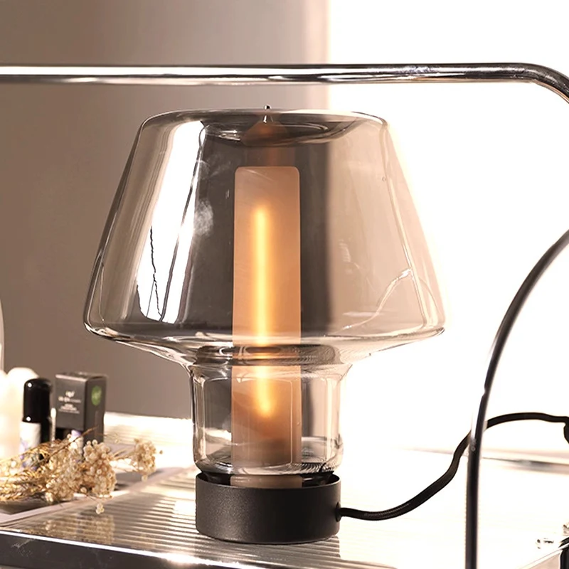 Modern Minimalist Mushroom Trapezoid Hardware Glass 1-Light Table Lamp For Bedroom
